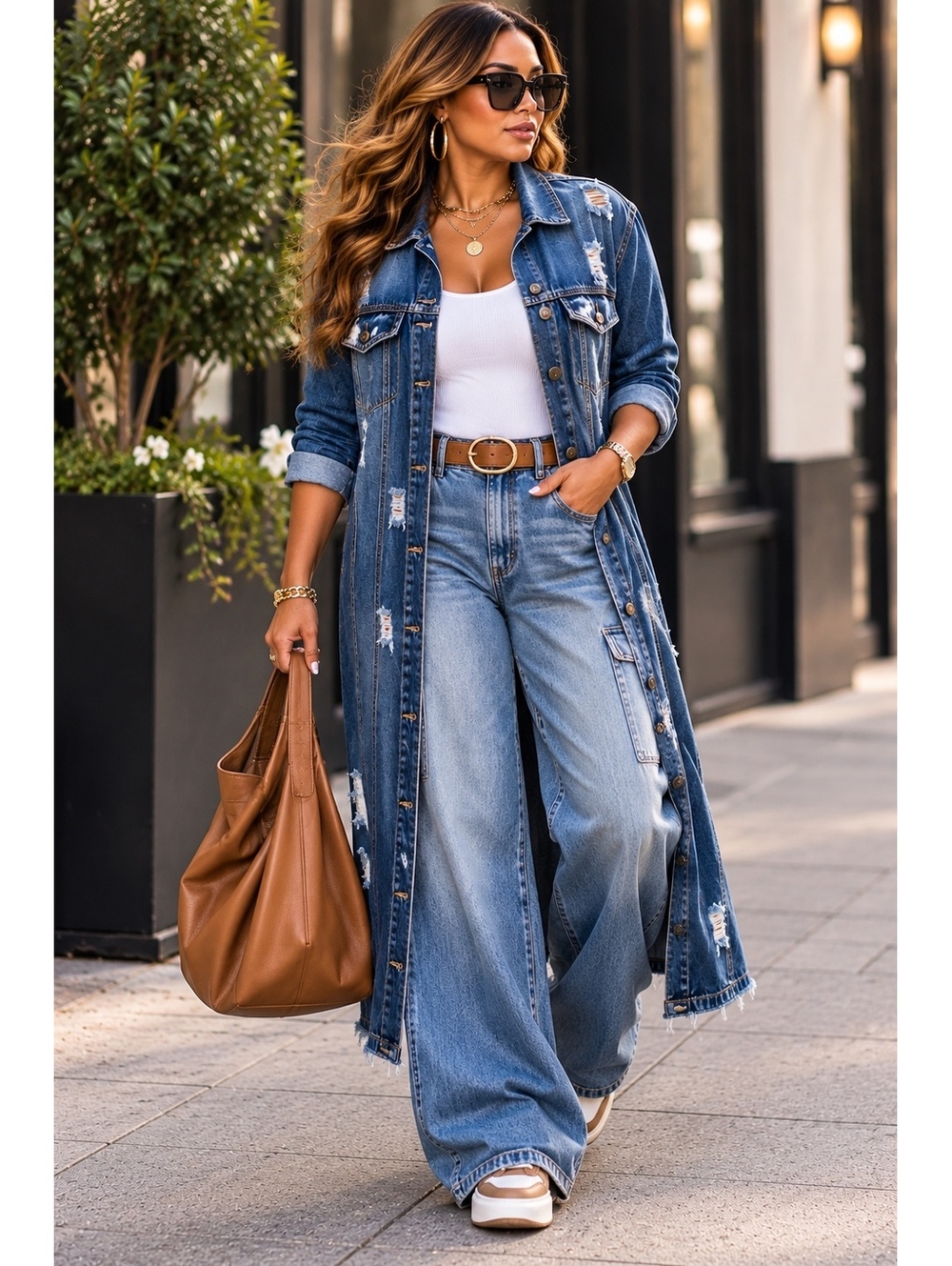 Long Distressed Dark Blue Denim Jacket Coat for Women